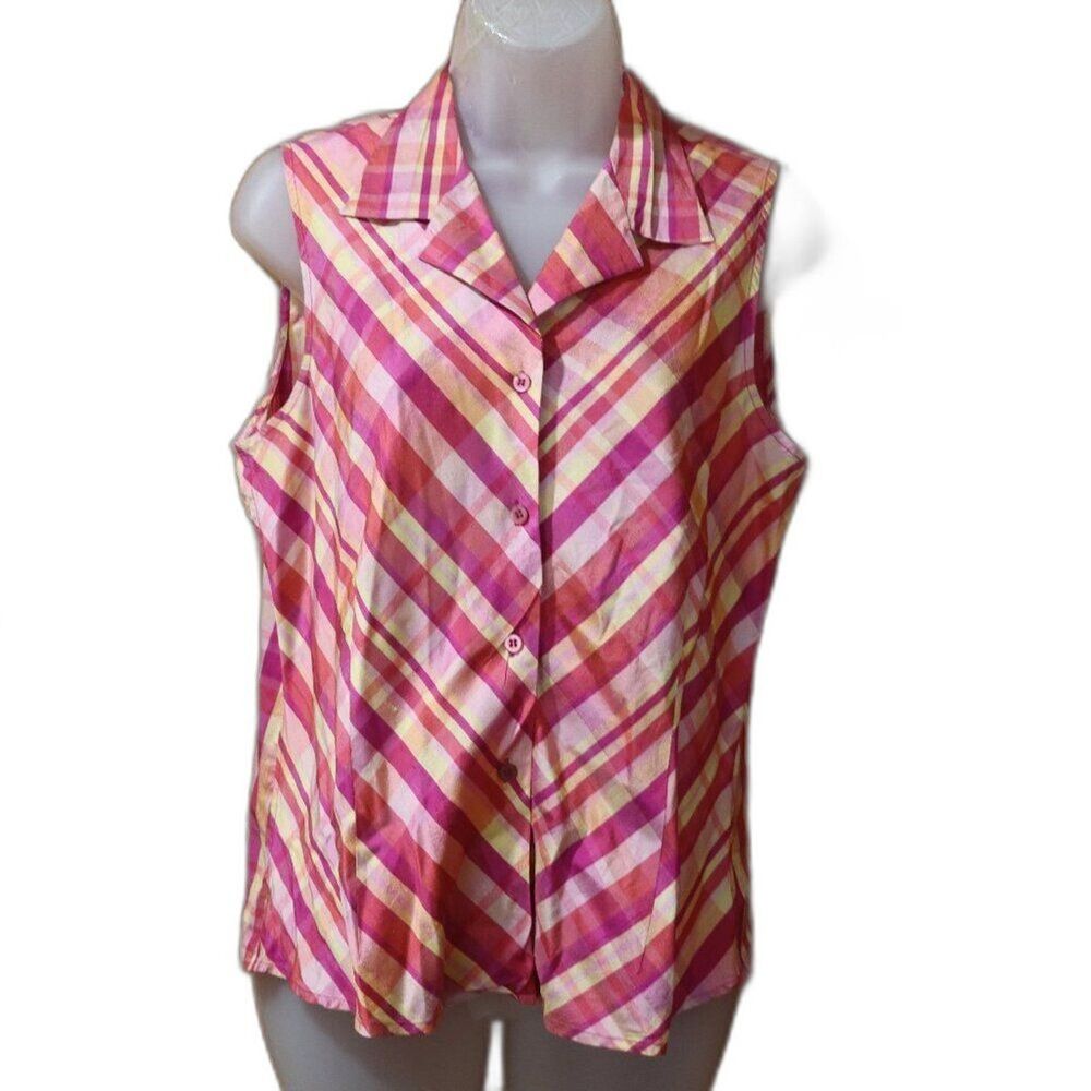 Allison Taylor Vintage Silk Sleeveless Button Up Shirt Multi Color Plaid Large